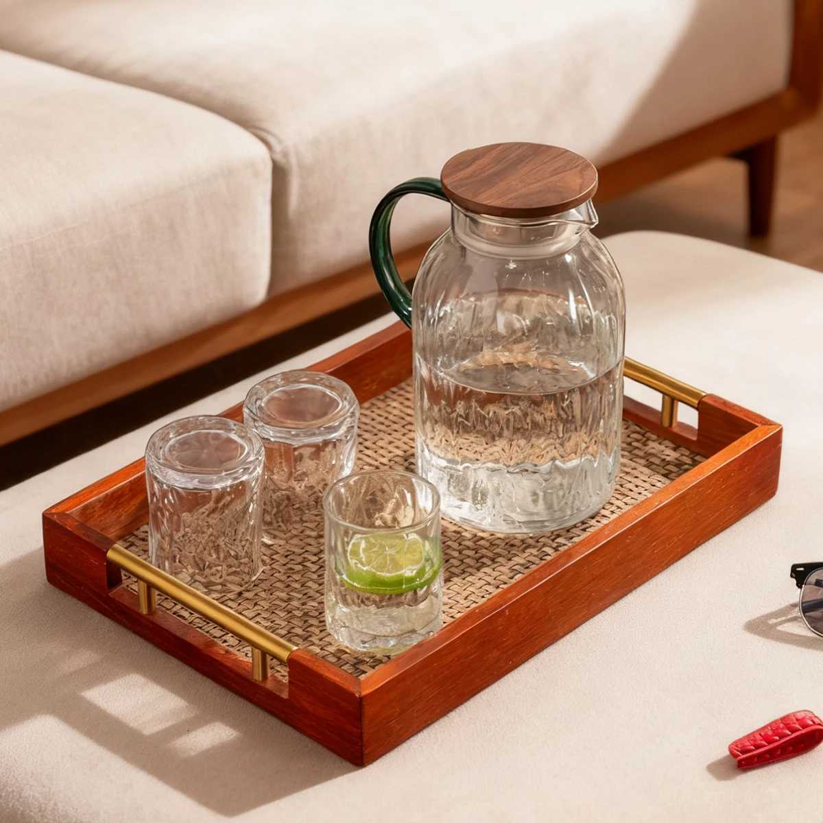 Solid Wood Rectangle Serving Tray with Metal Handles - Coffee Table Kitchen Decor 177x118 BrownPlastic rattan base Y251129