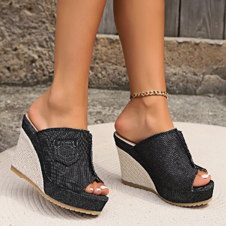 designer shoes New Women's Wedge Sandals Thick Sole Denim Simple Outdoor Fashion Peep Toe Slippers