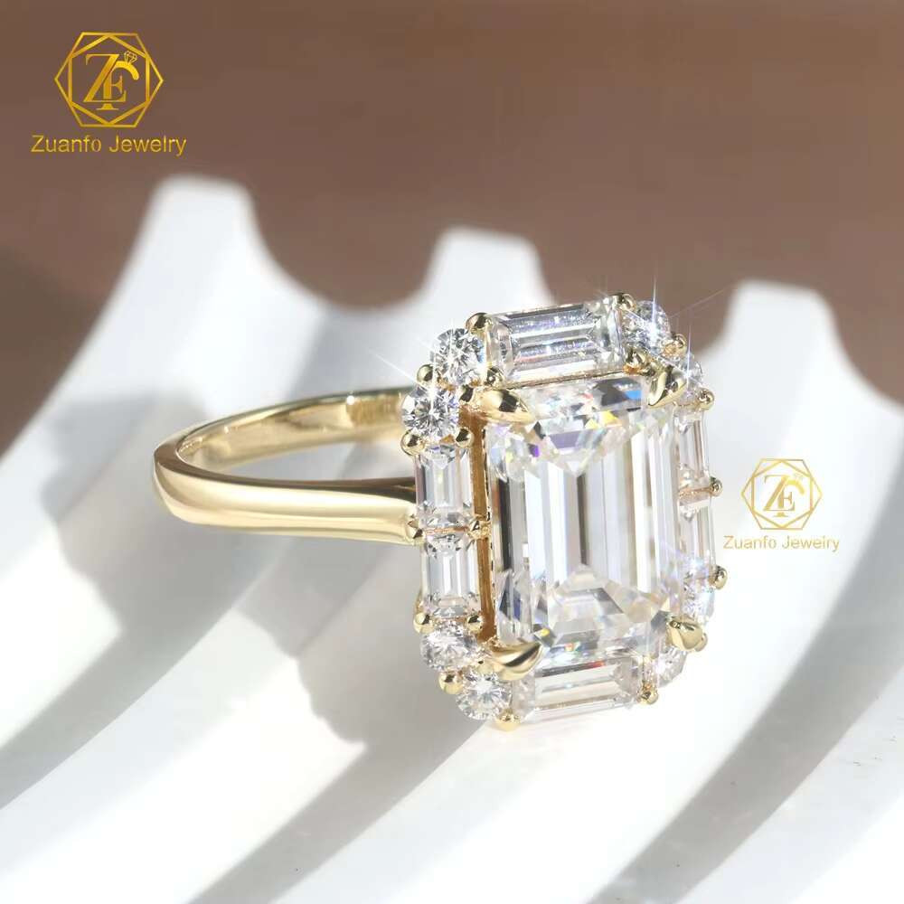 Luxury 14k Yellow Gold 3.5CT Emerald Cut Moissanite Halo Ring Woman Fine Jewelry Promise Moissanite Engagement Ring