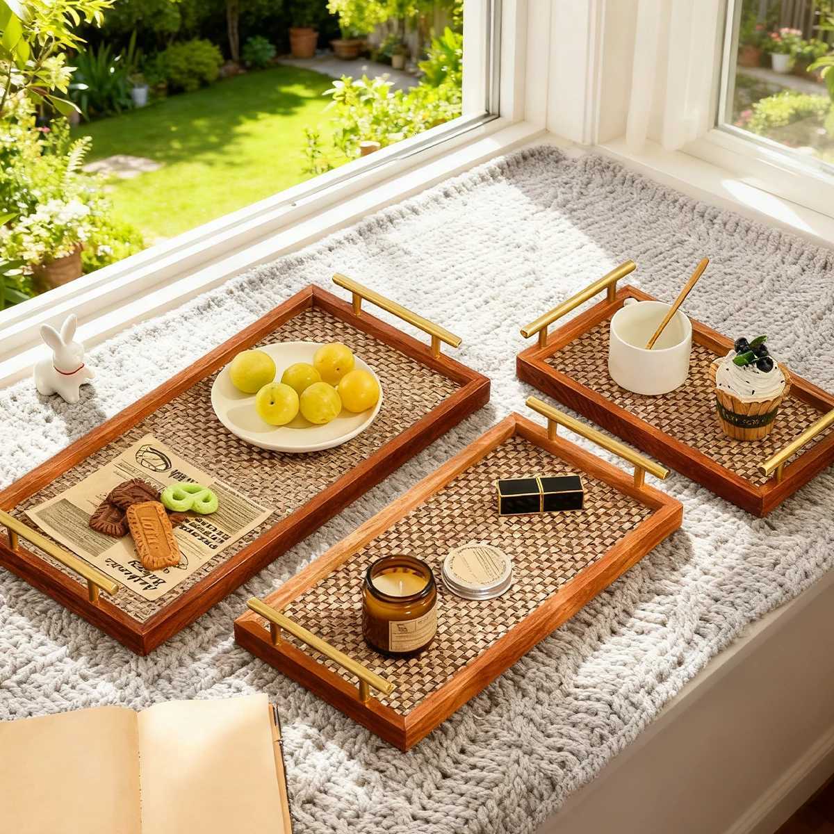 Solid Wood Bohemian Rustic Gold Handle Tray 173 Serving Decor for Coffee Table Bedroom Kitchen Jewelry Display Woven Bottom Y251129