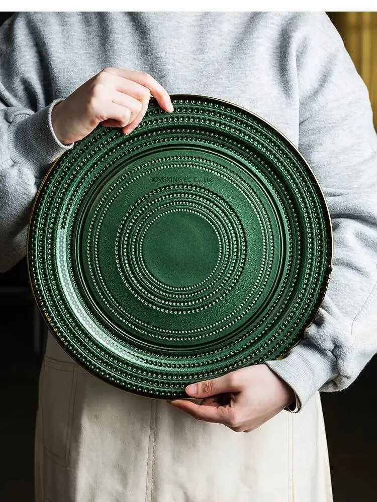 Luxury 13 Inch Plate Nordic Light Luxury Golden Blue Steak Household Round Restaurant Serving Kitchen Tableware Y251129