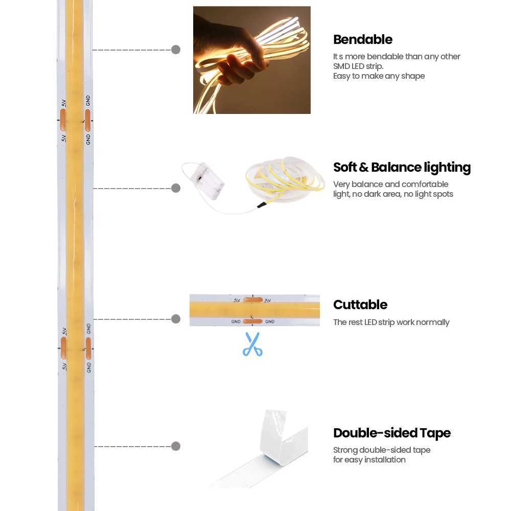 3AA Battery Box 5V COB Led Strip 320LEDs/M 8MM PCB For Room TV Backlight Flexible Tape Light Ice Blue/Red/Green/Pink/White/Warm M251129