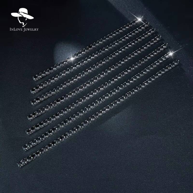 925 Sterling Silver Hip-Hop Tennis Bracelet 4mm 5mm 65mm VVS Black Moissanite Four-Claw Chain for Men and Women