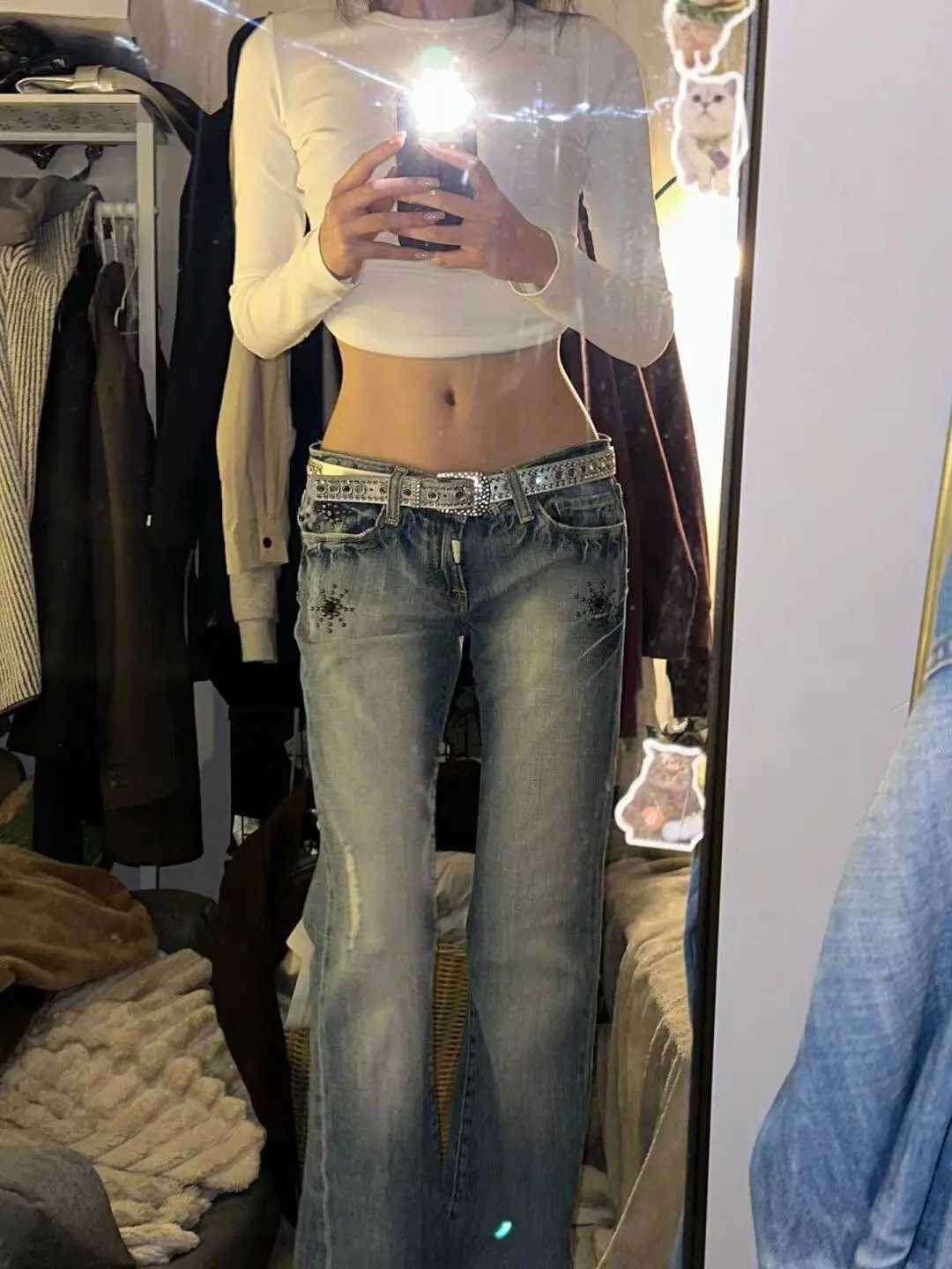 American Vintage Y2K Low Waist Bell Bottom Jeans Womens Wear Faded Slimming Crack Design Heavy Duty Dragging Pants Straight Leg M260310