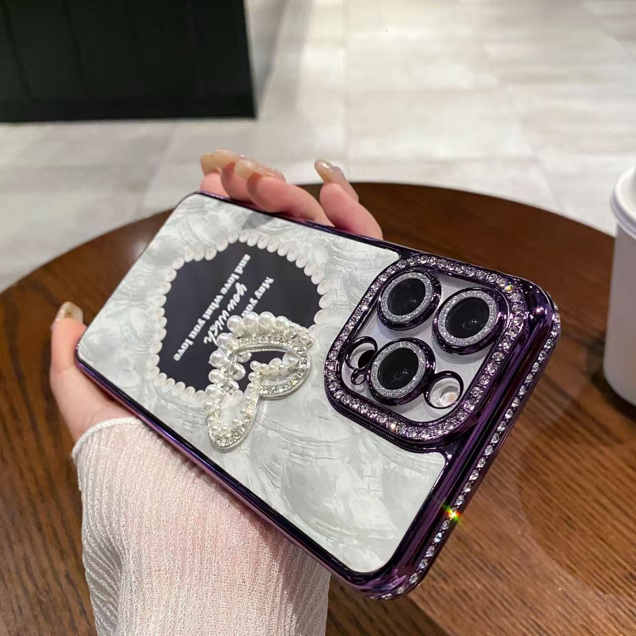 Mirror 3D Pearl Heart Phone Case iPhone 16/15 Pro Max Compatible with Apple 14 Pro Diamond Edge Electroplated Protective Case