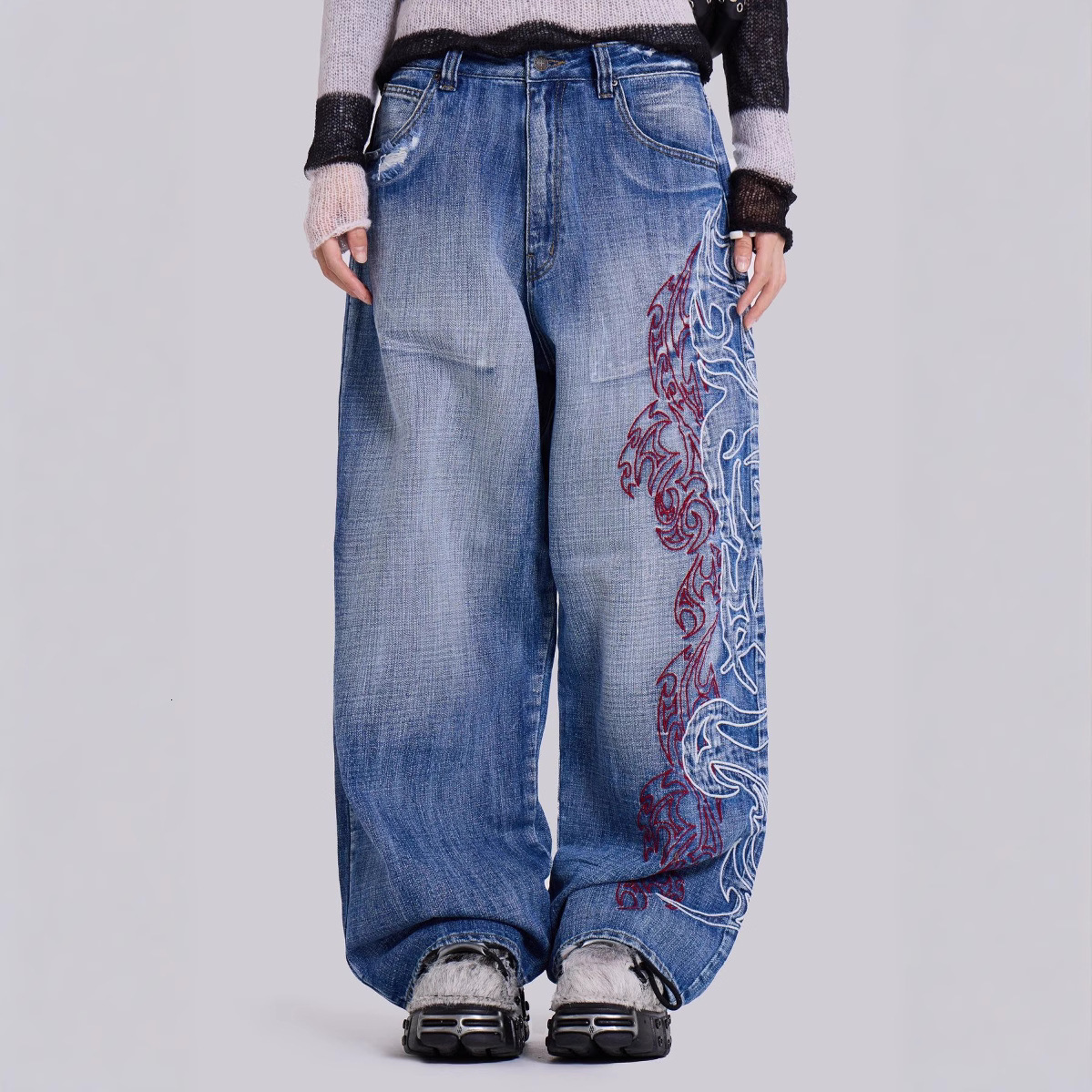Dragon Graffiti Embroidery Dark Blue Loose Wide Leg Distressed Jeans Y2K High Waist Men Women Vintage Casual Daily Streetwear 250828