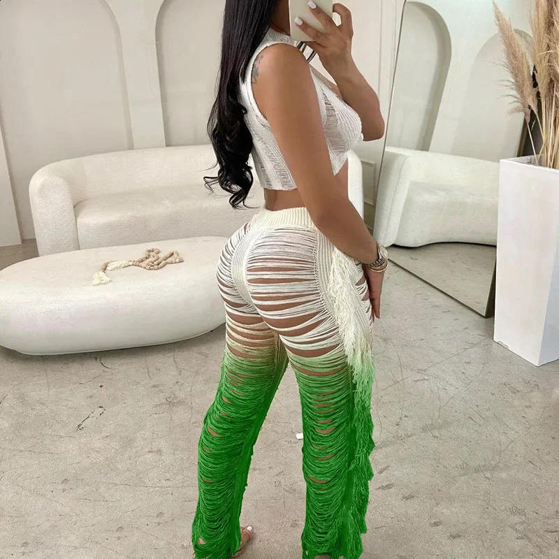 Gradient colored crochet two-piece set suitable for womens summer beach crops top and wide leg pants tassel hollow hole vacation set 250423