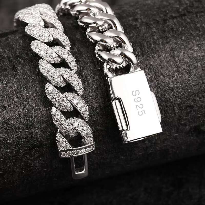 Iced Out Hot Sale Hip Hop Jewelry 925 Silver Chain Link Chain Moissanite Cuban Link Chain 925 Sterling Silver Men Miami Bracelet