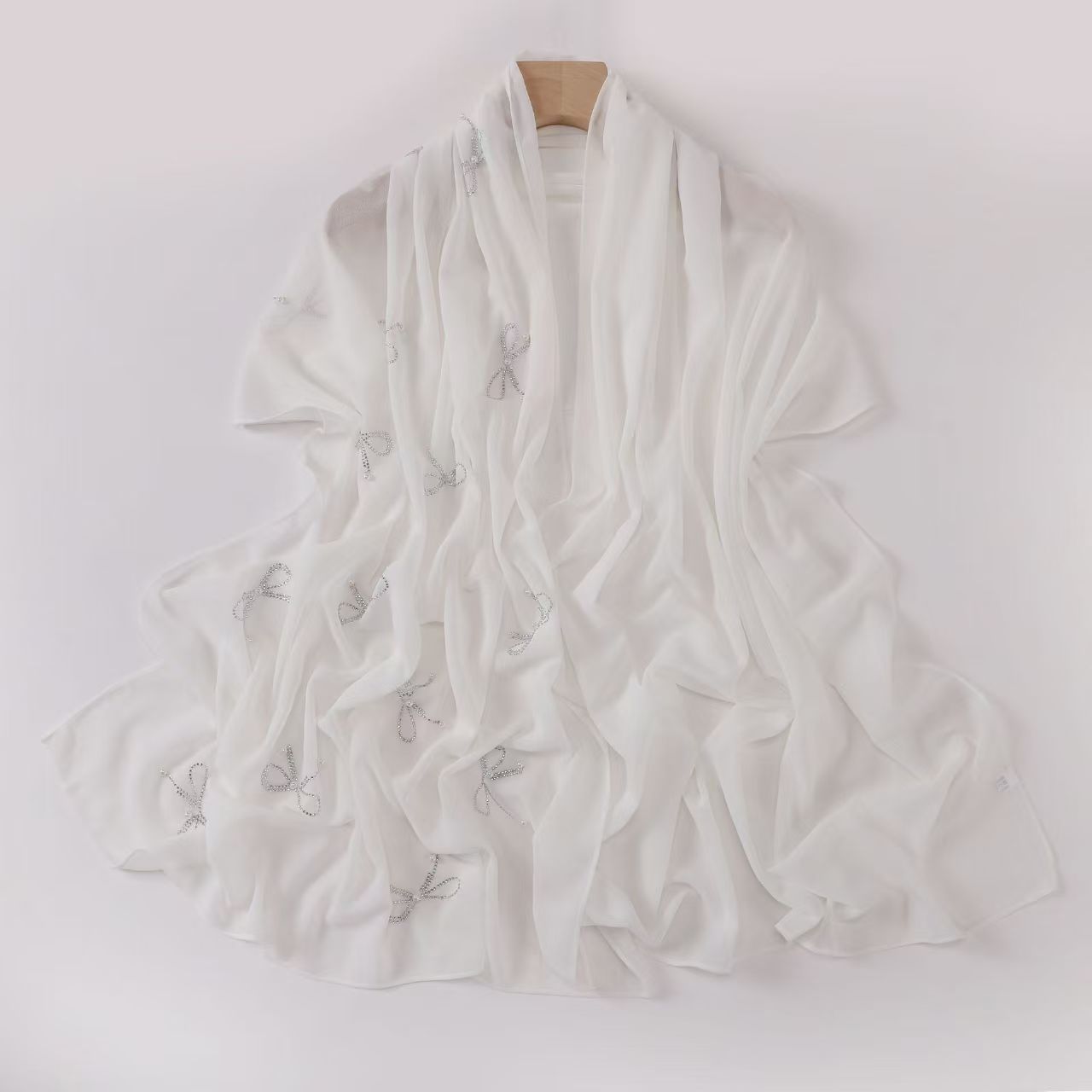 T589 new pearl chiffon bow hot diamond nail bead long scarf Hui ethnic scarf small fresh female