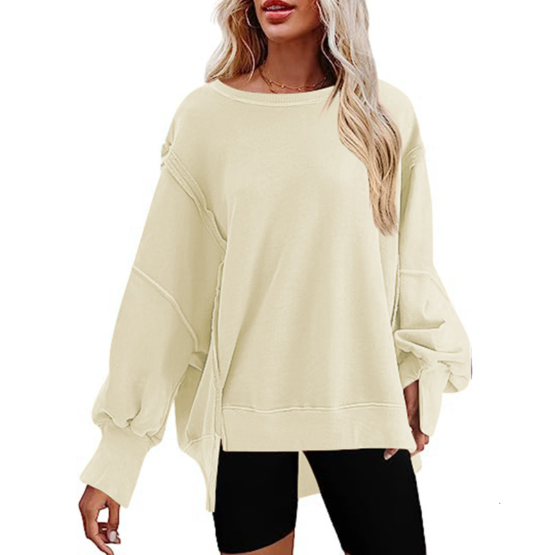 womens clothing autumn winter new womens oversized round neck sports shirt with side slit long sleeved hoodie for women