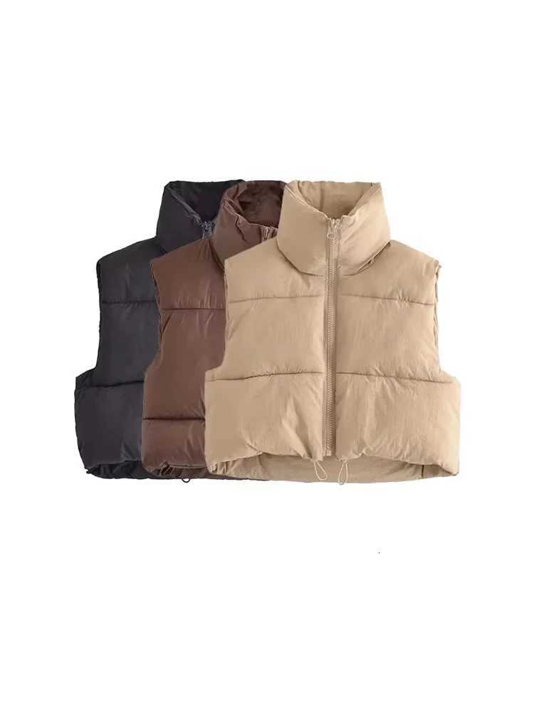 Women Fashion Adjustable Hem Zip-up Crop Padded Waistcoat Vintage High Neck Sleeveless Female Outerwear Chic Vest TopsT251129