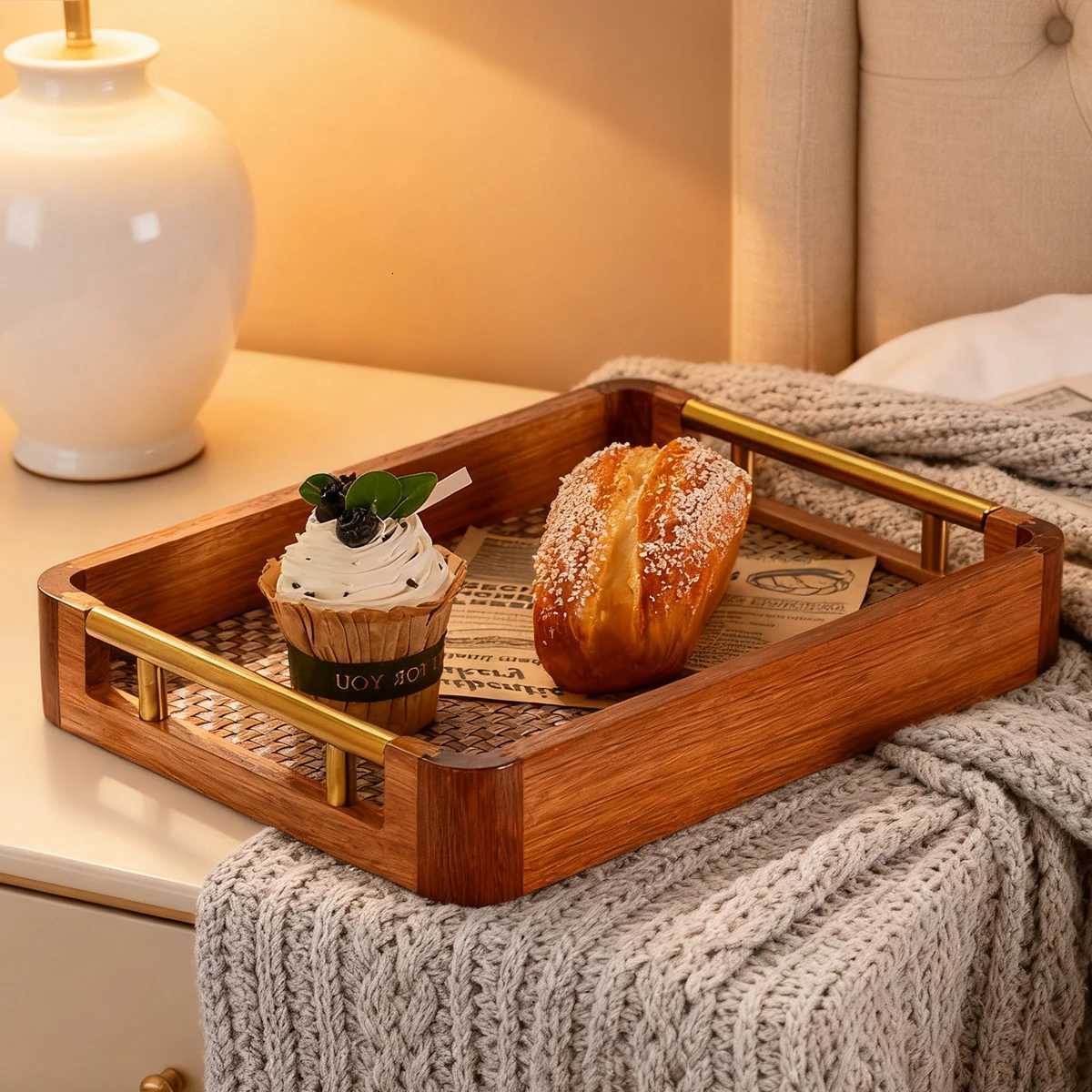 Wood Rattan Ottoman Tray Gold Handles 177x118 Kitchen Bedroom Storage Multi Use Y251129