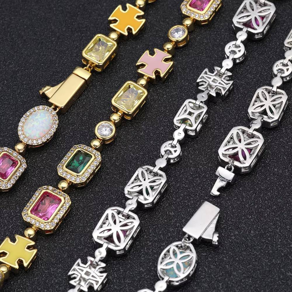 Hip Hop Colourful Gem High End Iced Out CZ Zircon Tennis Chain Waterproof Non Tarnish Free Fashion Jewelry Necklaces Wholesale