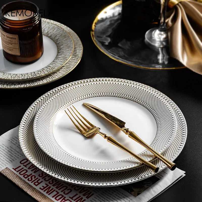 Luxury Gold Rim Ceramic Plate European Luxury Platter Nordic Dinner Set Fruit Salad Dinnerware Dessert Steak Tray He Decor Cute Plate Y251129