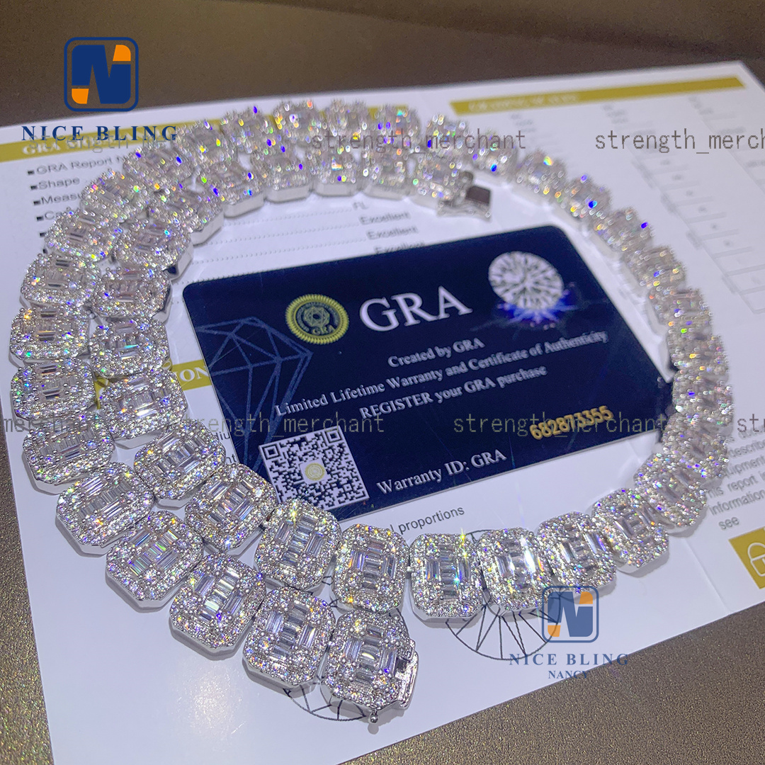 Full Moissanite Diamonds 925 Sterling Silver Cuban Link Necklace VVS baguette Moissanite Iced Out Jewelry