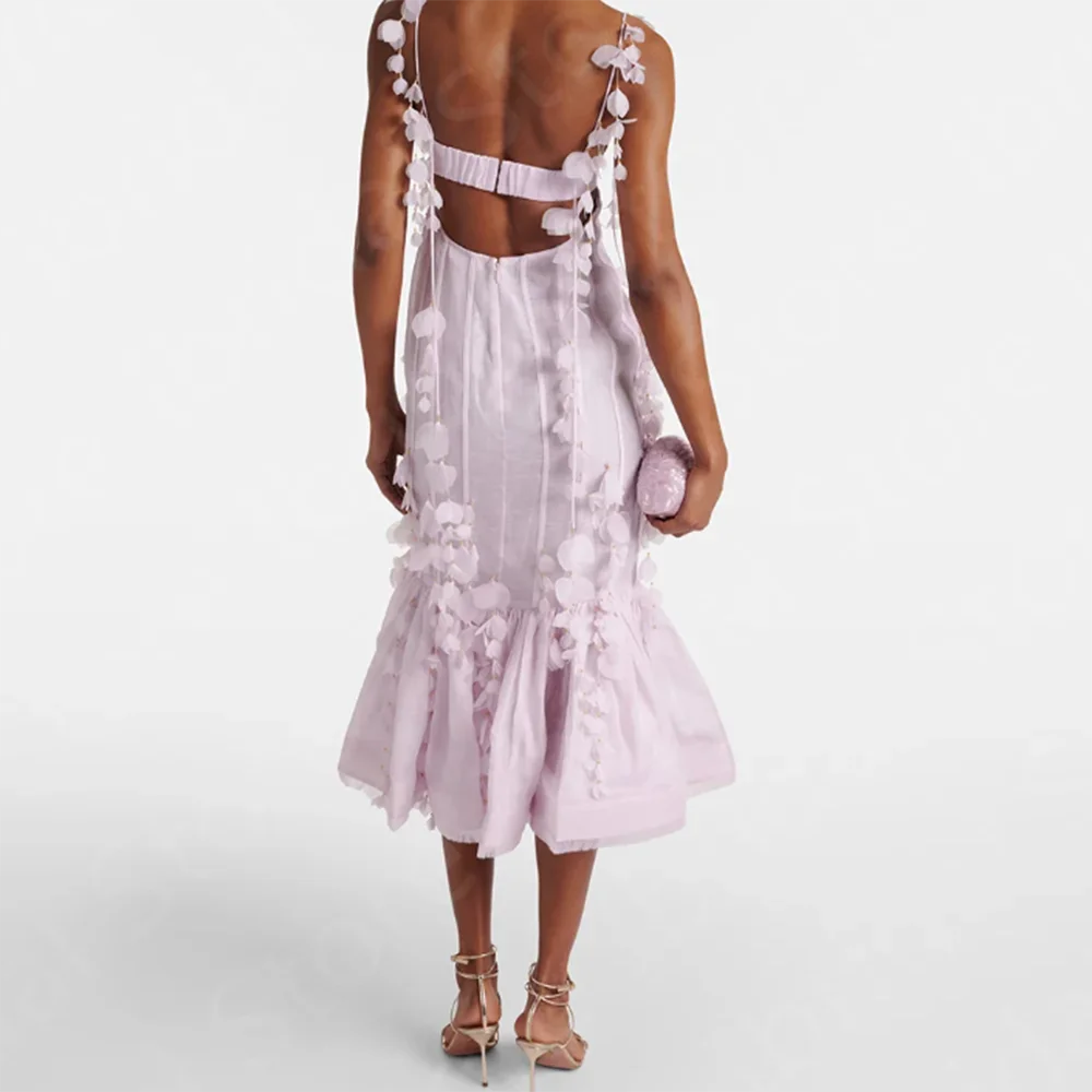 Smart Elegant Pink Women Prom Dresses Sweet Spaghetti Strap Sweetheart Tea Length Classy Flowers Female Party Gowns