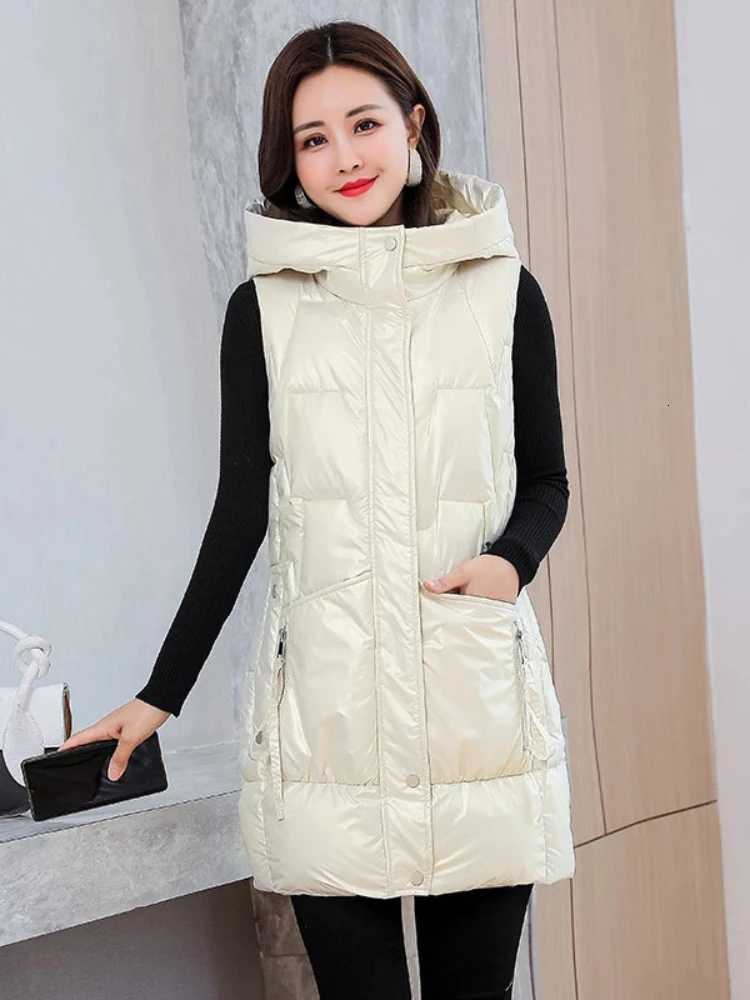 Winter New Mid-length Bright Vests Women Hooded Thick Warm Cotton Padded Sleeveless Waistcoat Coat Female Jackets Parkas VestT251129