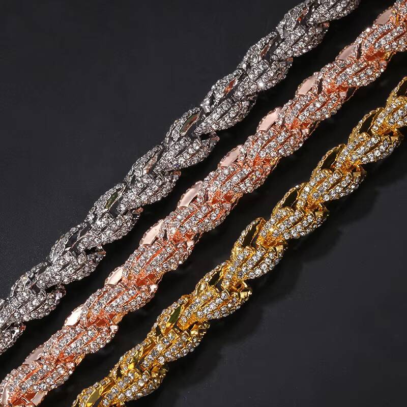 Rope Link Chain Mens 9mm Zinc Alloy Rhinestone Rope Chain Twisted Icd Out Full Diamond Rope Chain Necklace