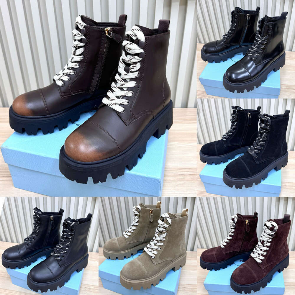 Designer woman shoe fashion Motorcycle boot Lace up leather round toes Side Zipper Metal Triangle LOGO Ankle Boots Martin booties Women Classic Hiking Boots