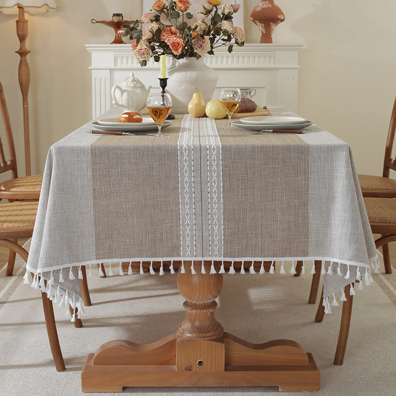 W03 Nordic tablecloth hollow tassel tablecloth solid color long striped jacquard tablecloth coffee table mat cotton and linen