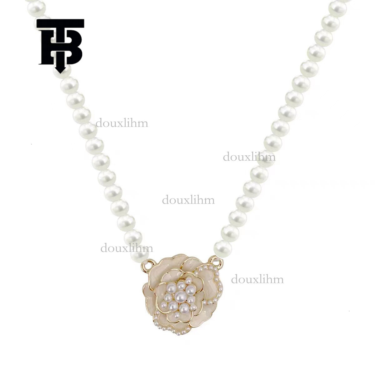 TB BHULAMTE Women's Camellia Flower Necklace, Chinese-Style Acrylic Resin Pearl Jewelry with Heart Love Circle Pendant - 40 cm Popcorn Chain, Black an - view 6