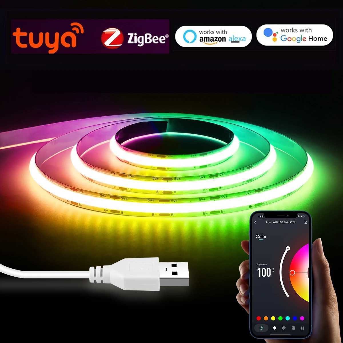 RGB LED Smart Life Zigbee Controller COB LED Strip USB Lights 5V Tuya Wifi Switch 3500K 5000K 6000K Smart Lamp 1/2/3/5M LED Tape M251129