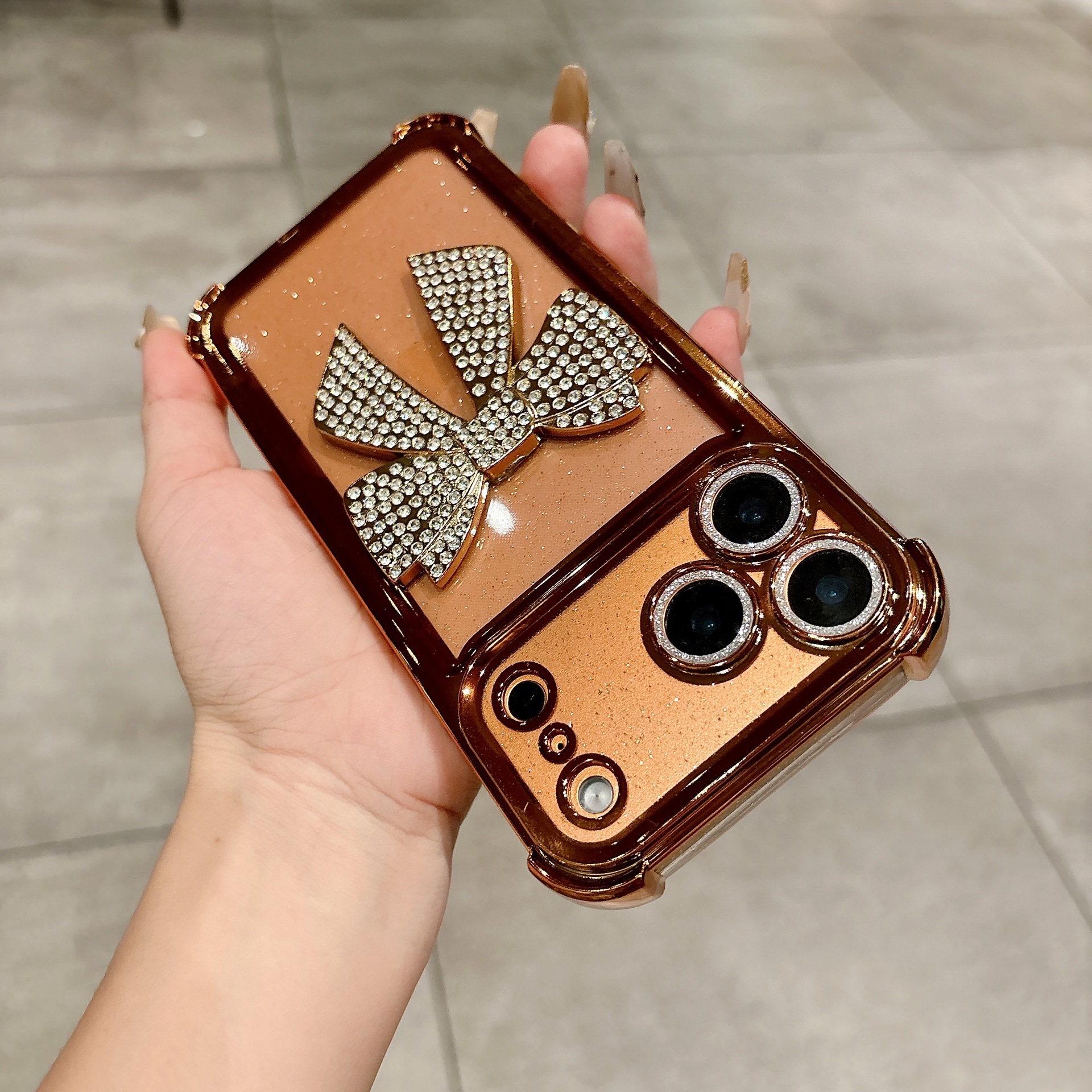 Rhinestone Bowknot Phone Case Compatible iPhone 17 Pro Max Electroplated Glitter Four-Corner Apple 16/15