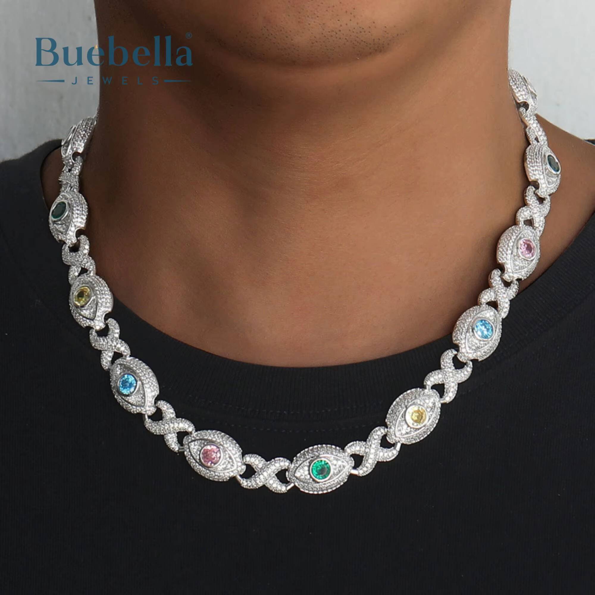 Mens 925 Silver 14K Gold Plated 14mm Moissanite Diamond Eyes Infinity Sign Fancy Color Diamond Necklace Foe Men Gift