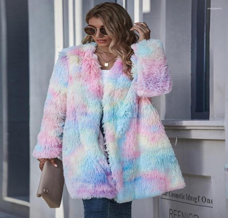Women039s Fur Faux Winter Rainbow Tie Dye Coats And Jackets Women Streetwear Polar Fleece Plush Oversized6639910