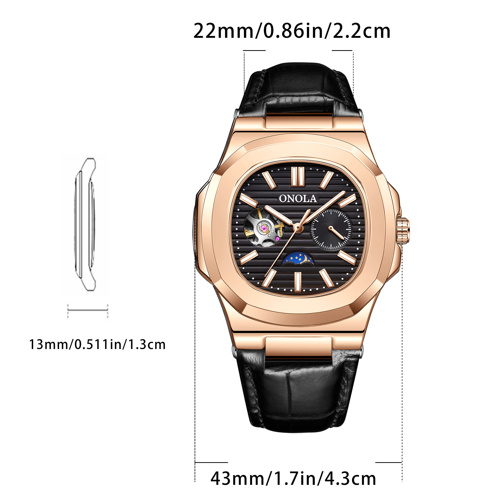 Retro Sport Automatic Mechanical Watch with Integrated Leather Strap Chronograph Moon Phase Function and Waterproof Elegant Design for Daily Wear ,Gif