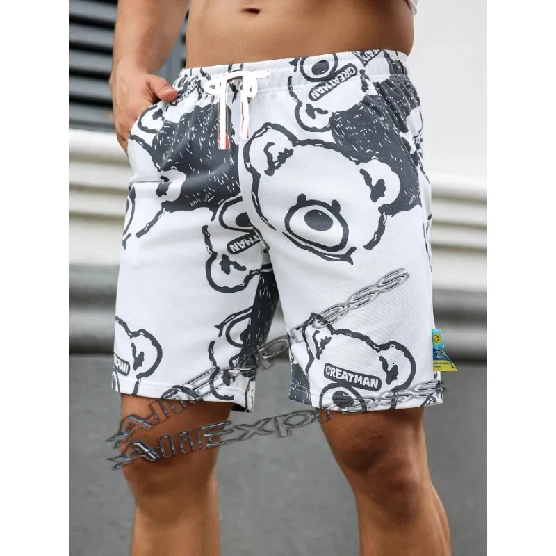 Mens regular-fit shorts with drawstring and elastic waistband bear print summer beach vacation multi-scene wear 250428