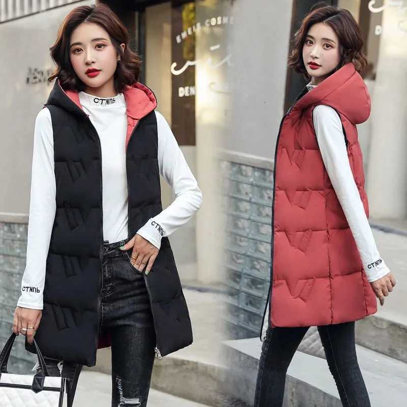 Double Side Vest Korean Slim Hooded Down Cotton Vest Women Waistcoat Sleeveless Jacket 2025 Autumn Winter Jacket Female CoatT251129