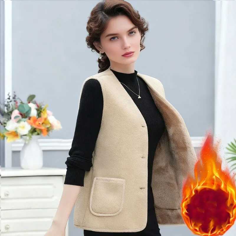 Lamb Wool Vest for Women Autumn Winter Fleece Quilted Waistcoat Thickened Warm Gilet for Elderly Outdoor Coat for Cold WeatherT251129