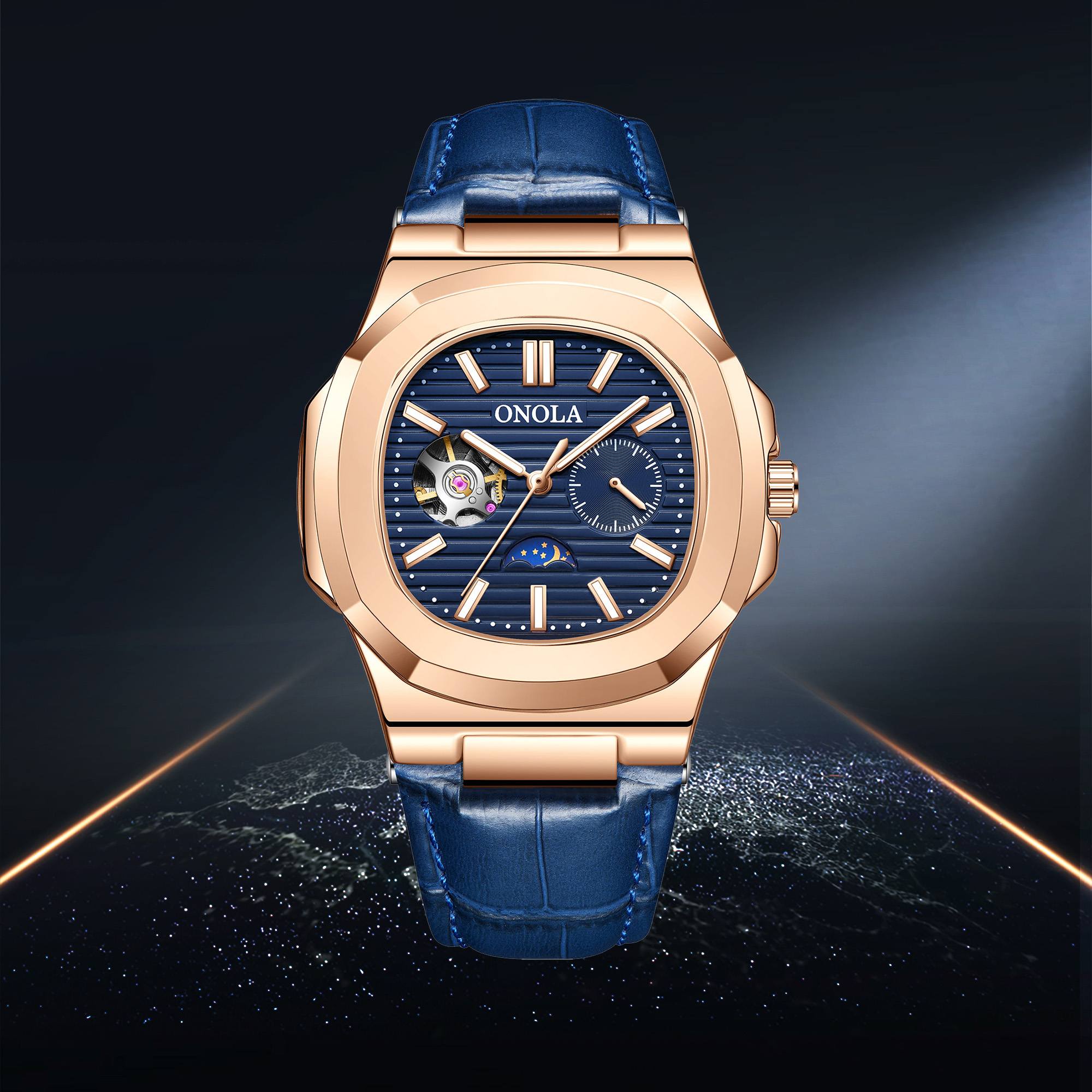 Retro Sport Automatic Mechanical Watch with Integrated Leather Strap Chronograph Moon Phase Function and Waterproof Elegant Design for Daily Wear ,Gif