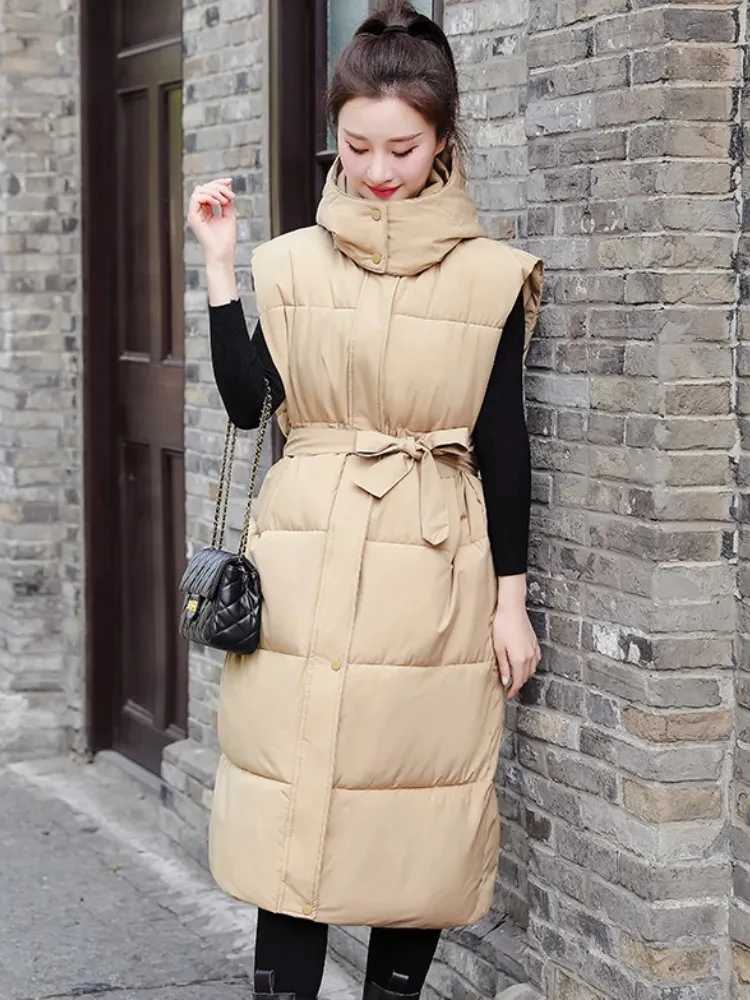 2025 Down Cotton Long Waistcoat Women Vest Jackets Warm Elegance Coats Winter Women Korean Lace-up Sleeveless Puffer JacketT251129