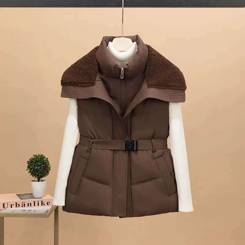 Fashion Stand Up Collar Zipper Waistcoat Warm Sleeveless Quilted Coats Autumn Winter Belt Slim Cotton Jacket Vest for WomenT251129