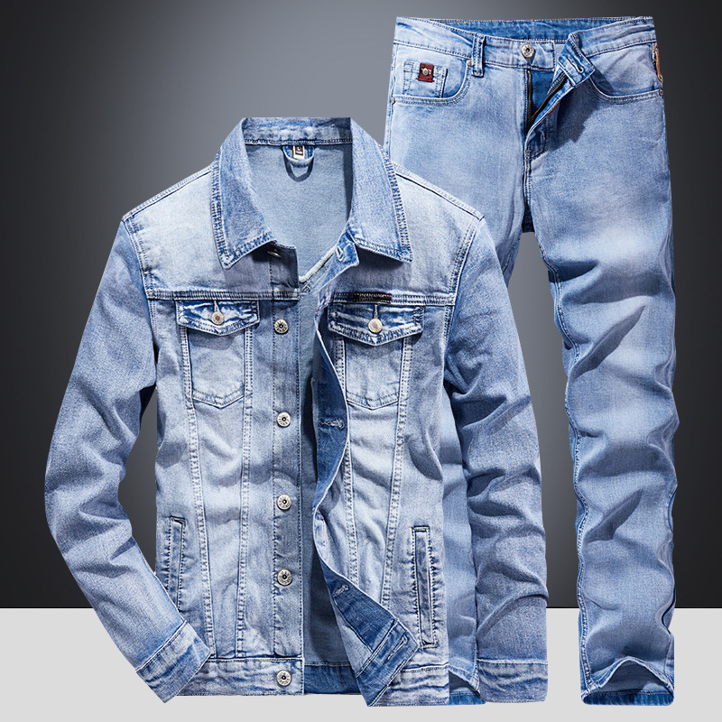 Simple Casual Men 2 Piece Sets Ripped Hole Slim-fit Long Sleeve Denim Jacket Matching Jeans Light Blue Spring Summer Ropa Hombre 240715
