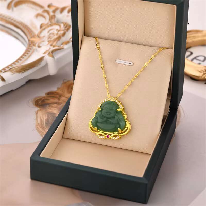 High Quality Fashion Jewelry with Stainless Steel Chain Maitreya Buddha Jade Healing Pendant Necklace for Women