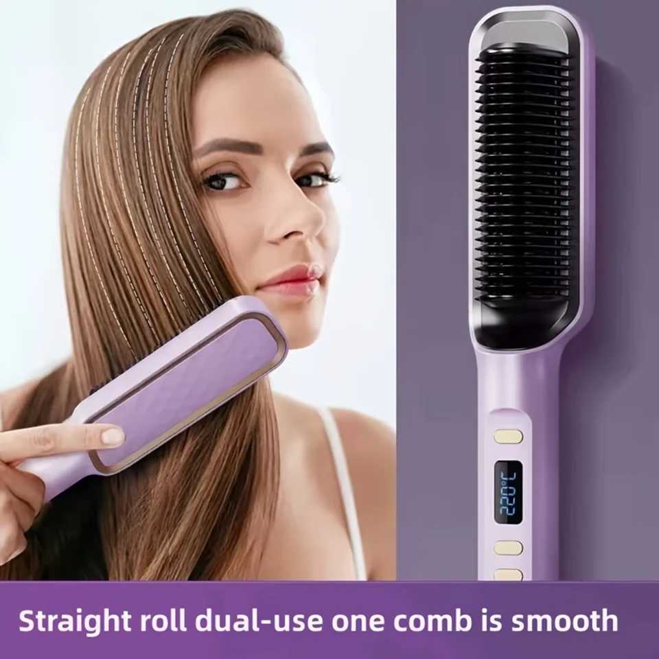 Experience Salon Quality Sleek Versatile 2-in-1 Ceramic Hair Styler - Curl Straighten with One Hot Comb Anti-Scald PowerT251129