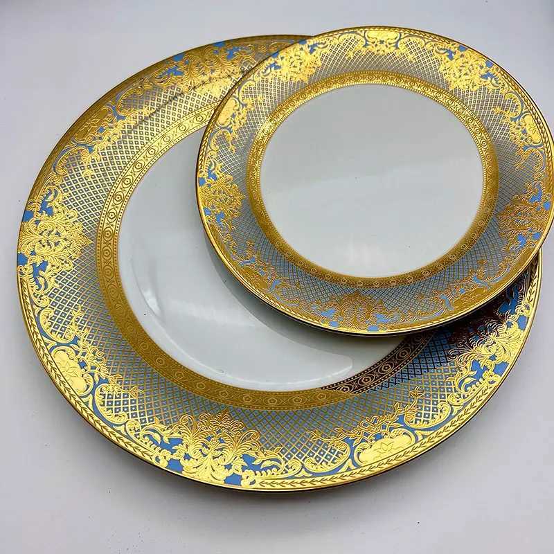 Luxury Steak Plate Light Luxury 7/10-inch Embossed w Gold-rimmed Bone Disc Large Flat Plate Shallow Plate Y251129