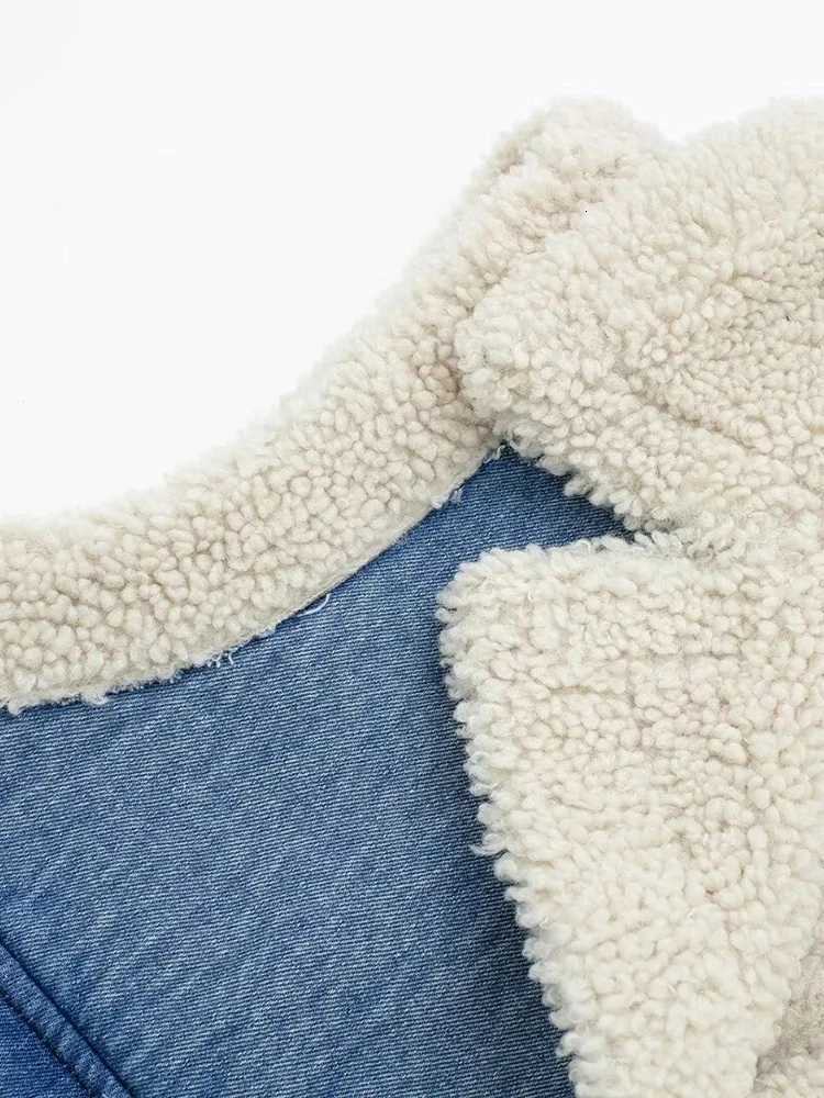 Womens Fashion Faux Lambswool Vest 2024 Fall and Winter Denim Lapel Sleeveless Pocket Thickened Warm Fleece Vest JacketT251129