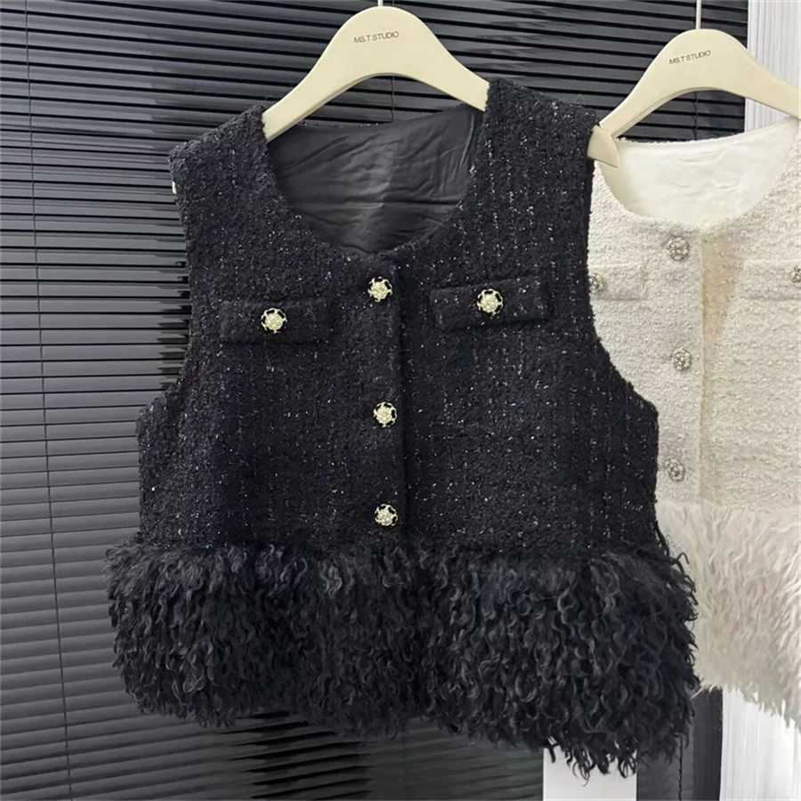 New Outerwear Womens Jackets Women Vest Fashion Single-Breasted Tweed Mosaic Tassel Vest Womens Autumn and Winter Vest CoatT251129