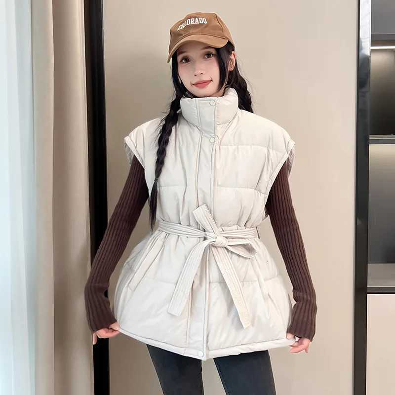 Chic Autumn Winter Thiened Cotton Puffer Vest Womens Faion Stand Collar Single Button Vest Waist Cinched Outerwear JacketT251129