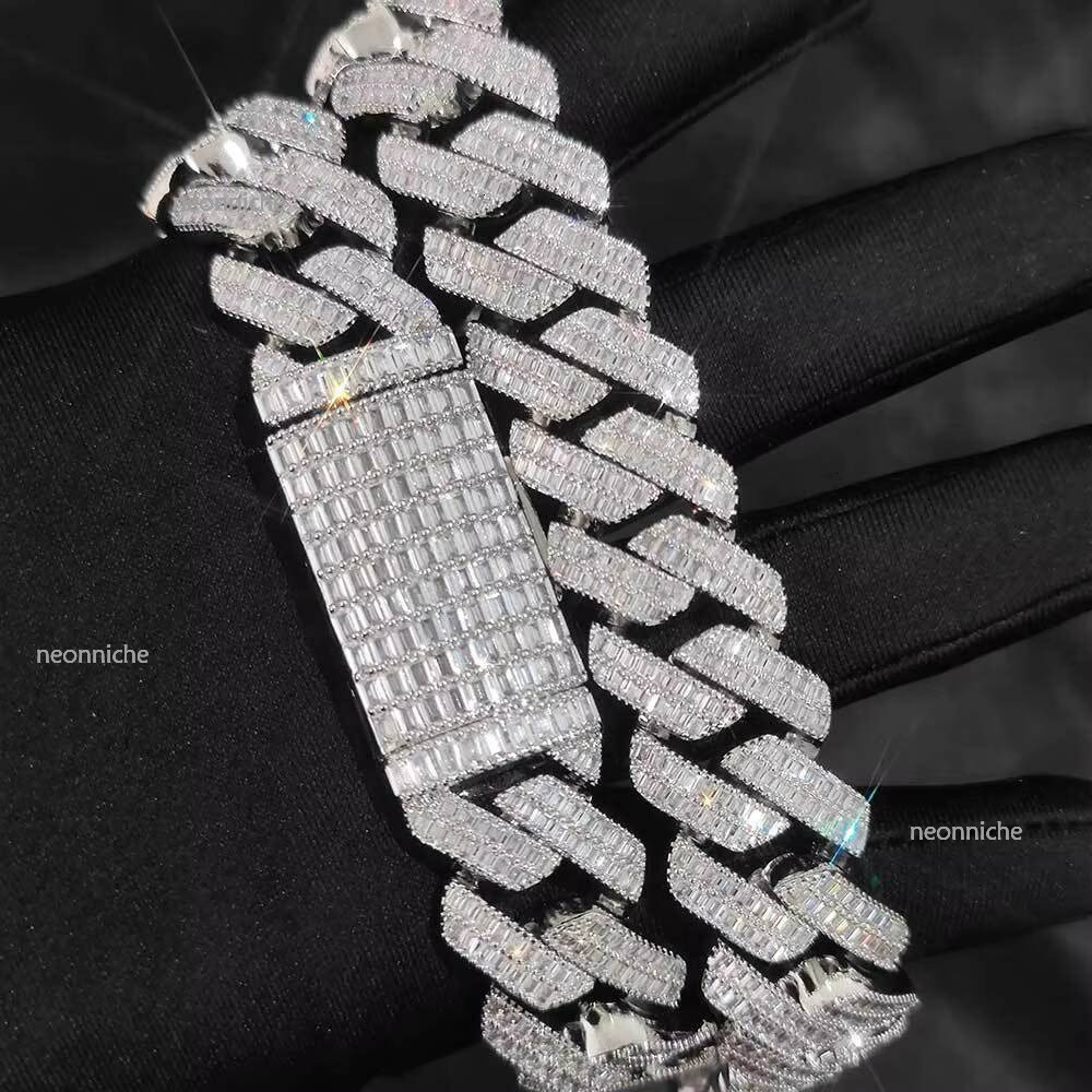 Customized 20mm 2 Rows Baguette CZ Dia Iced Out Miami Cuban Link Chain bracelet Bling Brass Hip Hop Jewelry Necklace