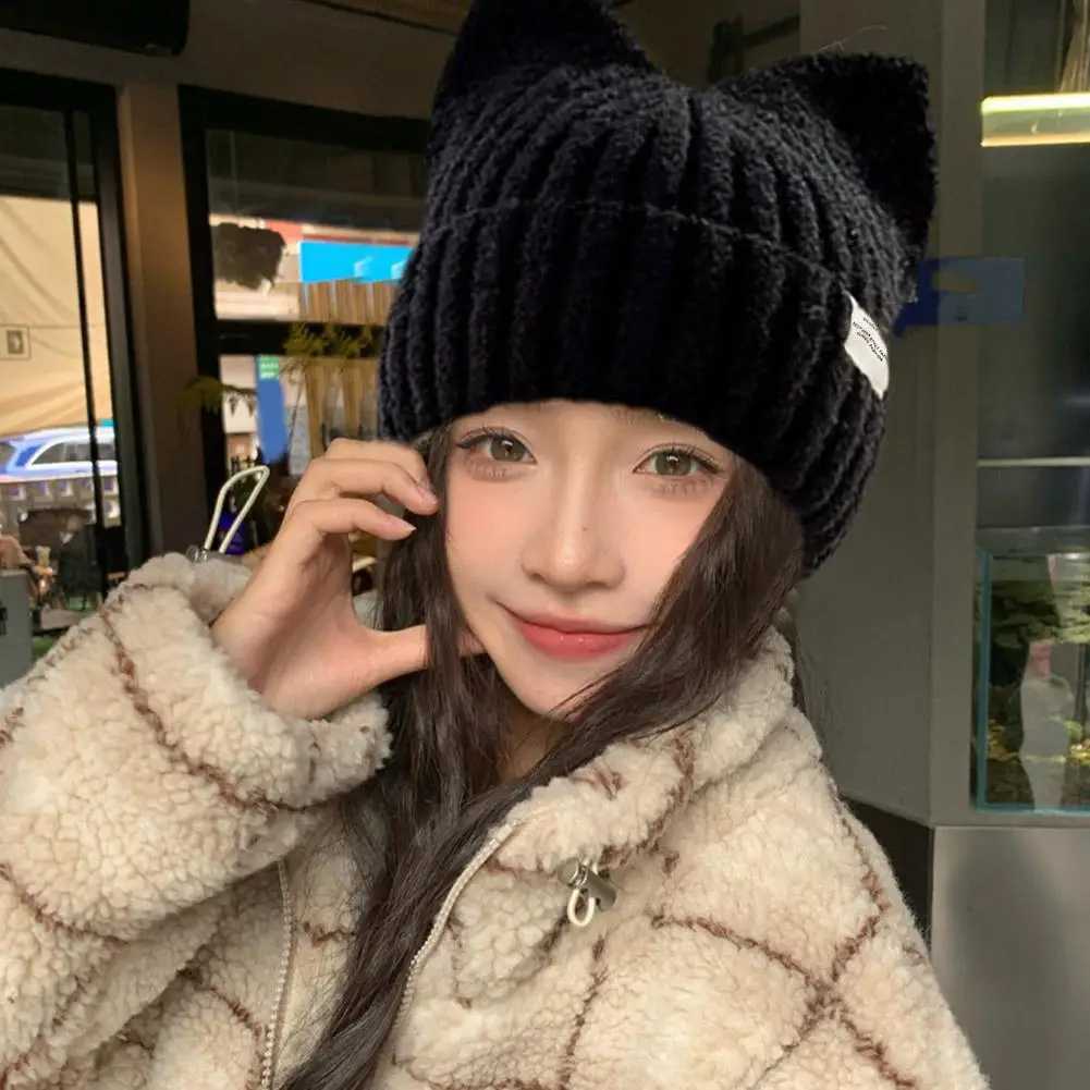Cute Cat Ear Beanie for Women Girls Autumn Winter Knit Cuff Beanie Hip Hop Beanie Hat Cat Crochet Ski Cap 6 Colors AvailableXJ251129