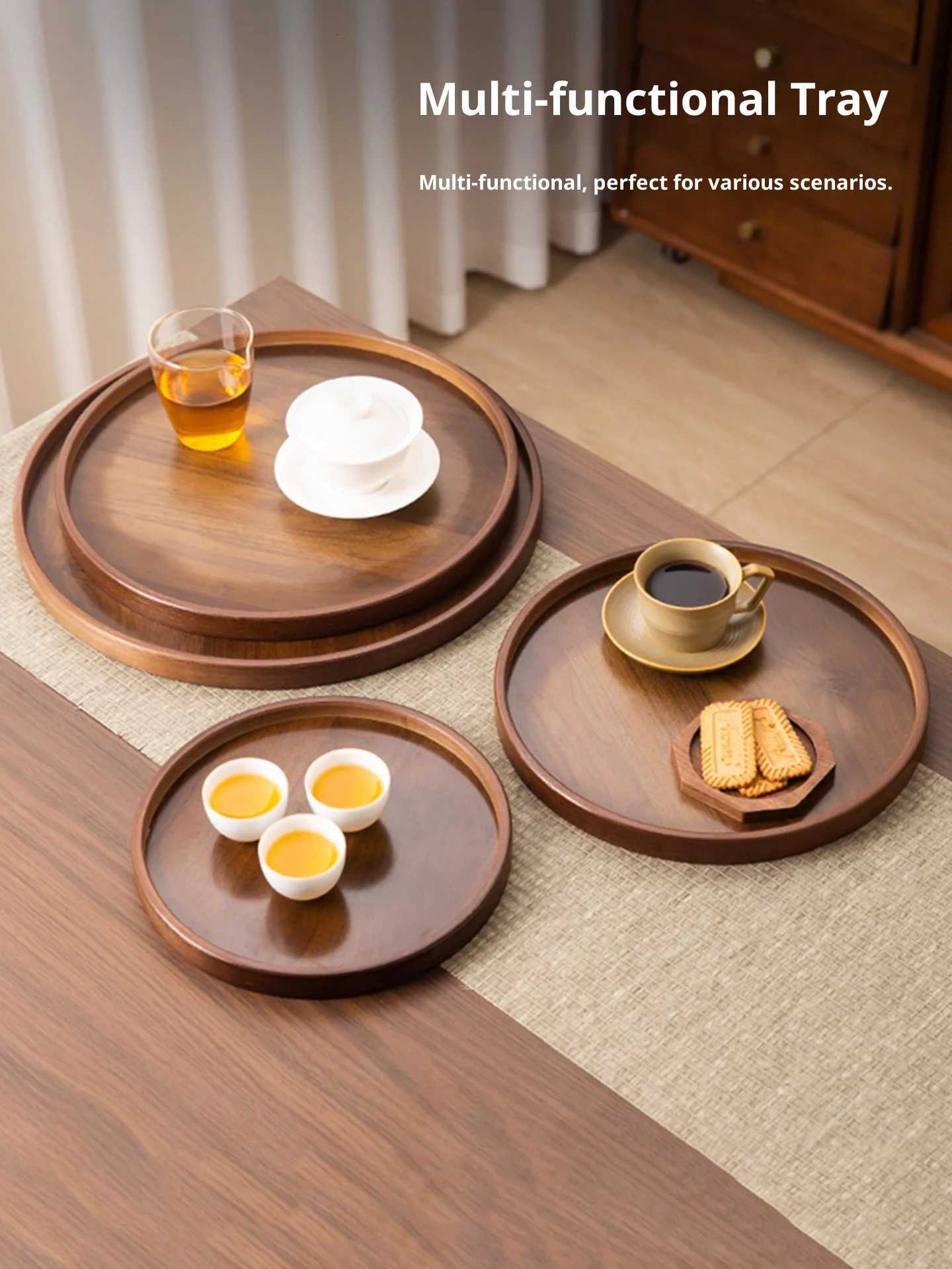 Gianxi Walnut Wood Commercial Tea Tray Home Fruit Cake Round Plate Japanese Tea Cup Storage Tray Y251129