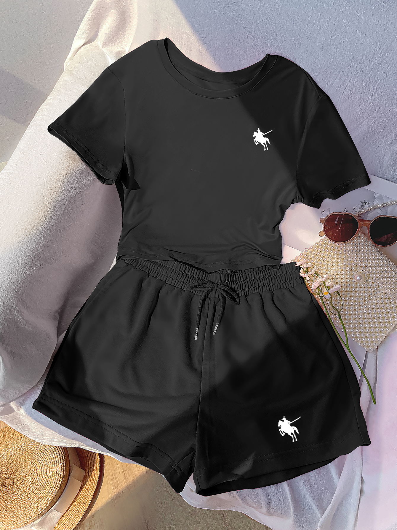 Women's Black T-Shirt & Shorts Set: Young Fashion Style, Casual Comfortable Summer Sport Outfit with printing, Relaxed-Fit Two-Piece Suit-S2