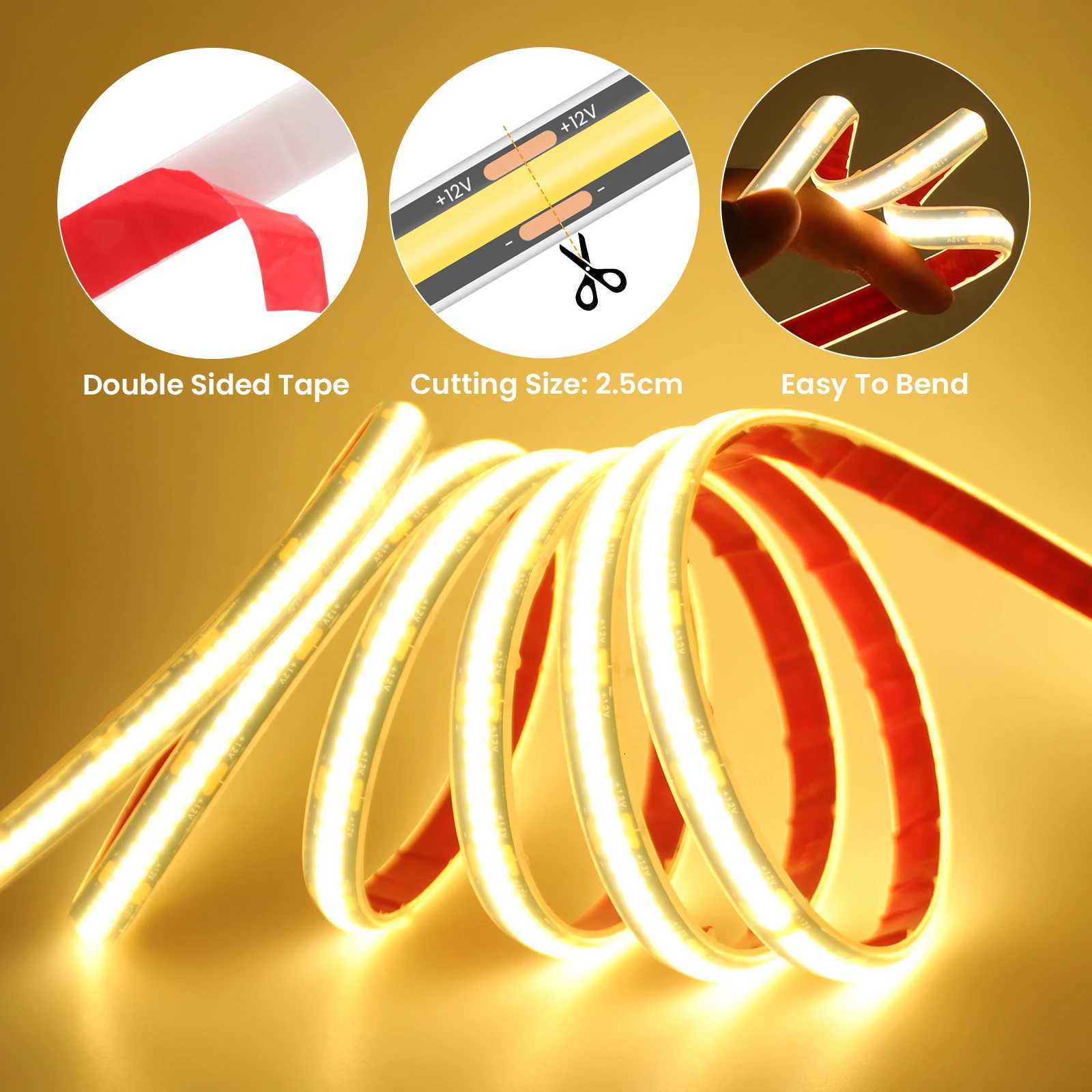 12V 24V COB LED Strip 320LEDs/m 8mm Flexible LED Tape Ribbon for Room Decor 3000K 4000K 6000K IP68 Waterproof Rope Lamp M251129