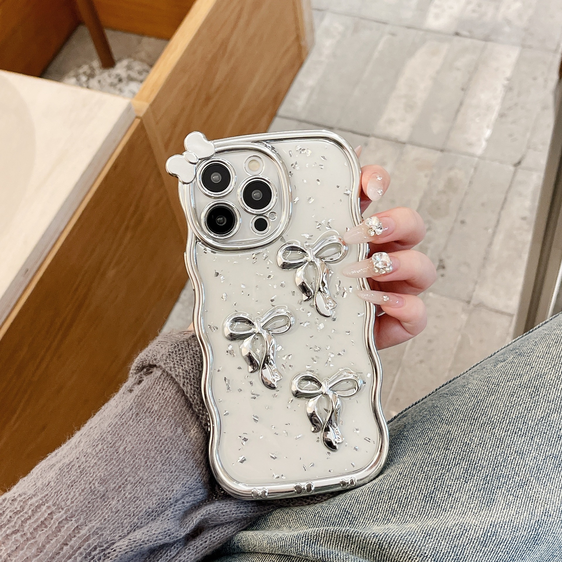 Bow Phone Case iPhone 16 Pro Max Electroplated Wave Compatible With Apple 15/14 Pro Transparent Soft Protective Case