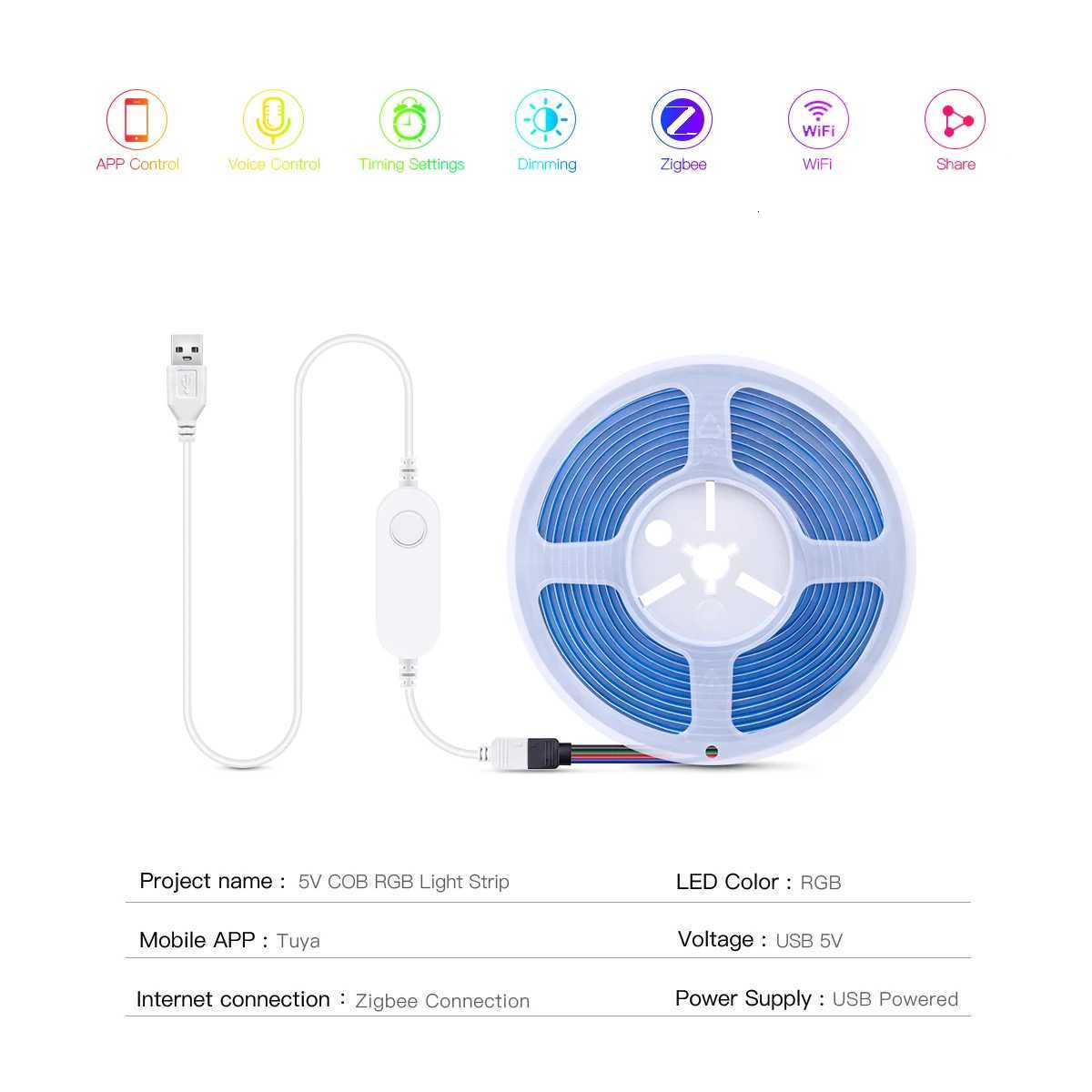 RGB LED Smart Life Zigbee Controller COB LED Strip USB Lights 5V Tuya Wifi Switch 3500K 5000K 6000K Smart Lamp 1/2/3/5M LED Tape M251129